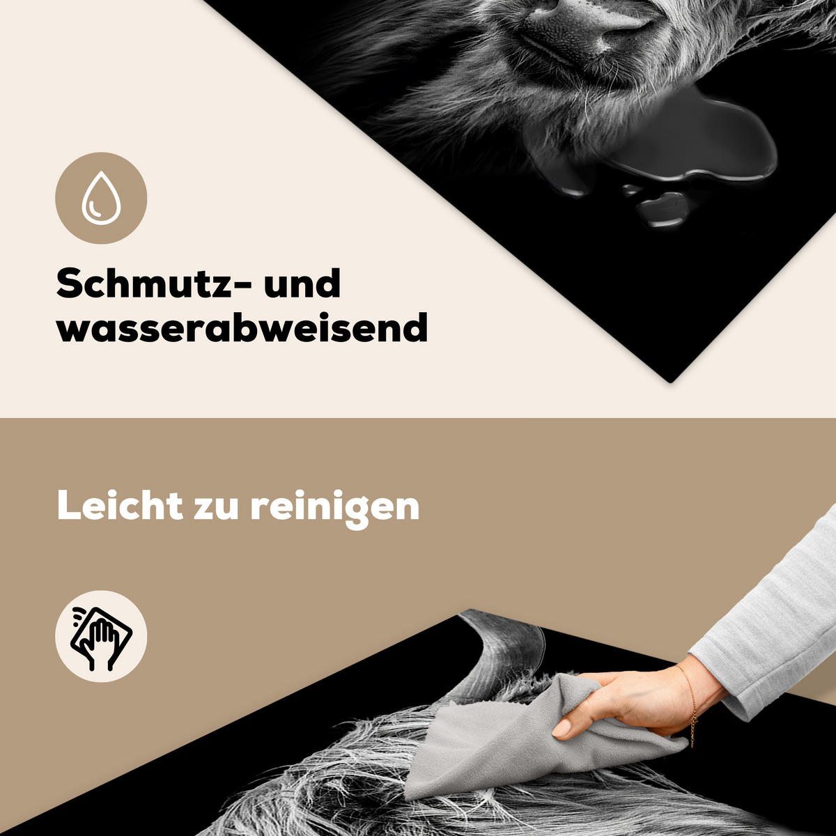 HERDABDECKPLATTE Schottischer Highlander - Hörner - Schwarz - Weiß - Kuh - Wild - Tiere Induktionsmatte 78x78 cm - Schwarz, Kunststoff (78/78/0.2cm) - MuchoWow