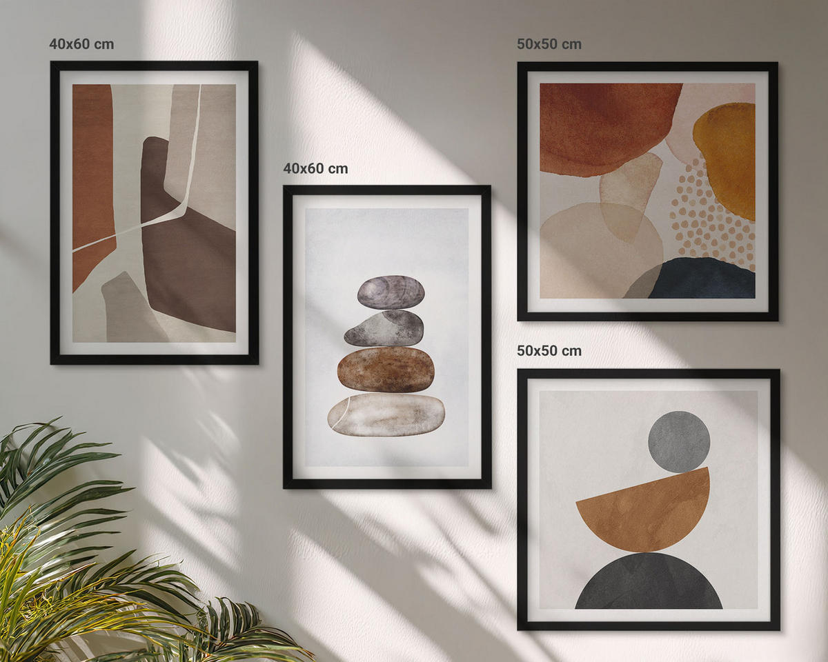 WANDBILDER 4er-Set - 50x50 cm & 40x60 cm Schwarzer Rahmen - Abstrakte Malerei Dekorationen - Schwarz, Kunststoff (50/50cm) - ArtPrintCave