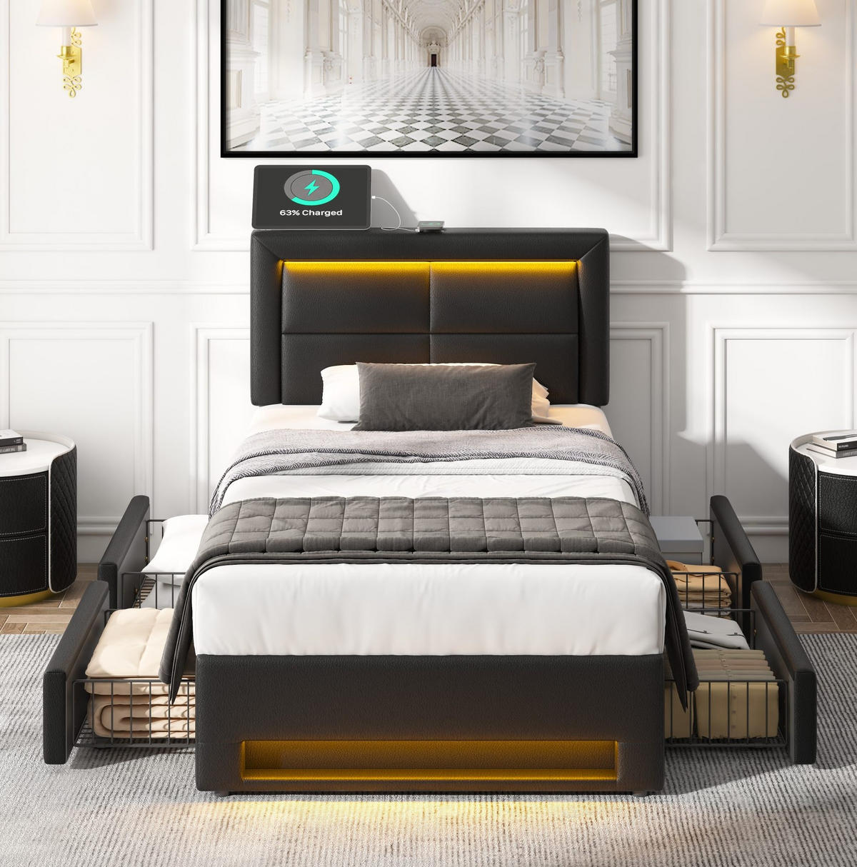 POLSTERBETT aus PU 90x190 cm Schwarz mit LED-Beleuchtung, USB-Ladefunktion und 4 Schubladen - Schwarz, Leder (90/190cm) - IVMEU