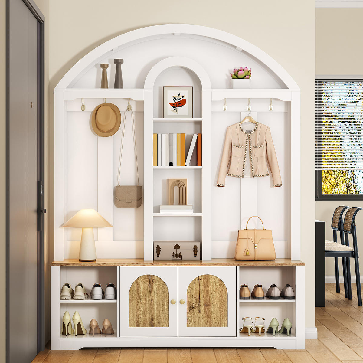 GARDEROBE-SET in Weiß mit Schuhregal, Ablagen und Haken für Flur und Eingangsbereich, B150/T40/H195 cm - Weiß, Holzwerkstoff/Metall (150/195/40cm) - STILVORA