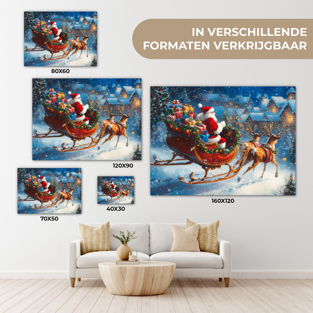 LEINWANDBILD Weihnachtsmann - Rentier - Weihnachten - Schnee Wandbild 40x30 cm - Cognac, Textil (40/30cm) - MuchoWow