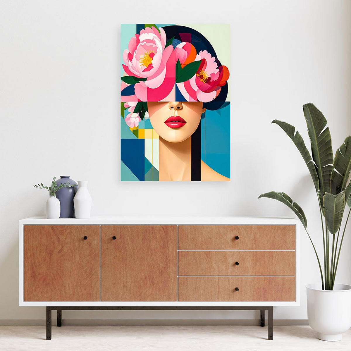 LEINWANDBILD Blumen Frau inspiriert vom Bauhaus 80x120cm - Multicolor, Textil (80/120cm) - Feeby
