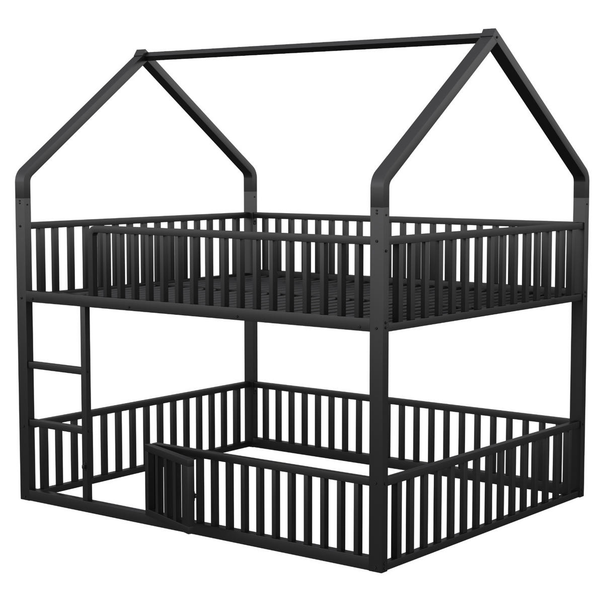 HAUSBETT 140/200 cm aus Metall in Schwarz mit Tür und Sicherheitsgeländer - Schwarz, Metall (140/200cm) - Flora Grace