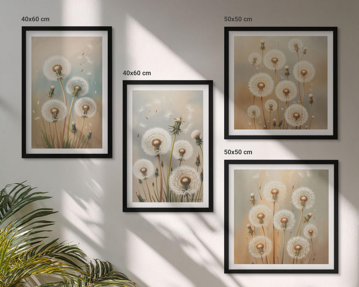 WANDBILDER 4er-Set - 50x50 cm & 40x60 cm Schwarzer Rahmen - Pastellfarbene Löwenzahnblüten - Schwarz, Kunststoff (50/50cm) - ArtPrintCave
