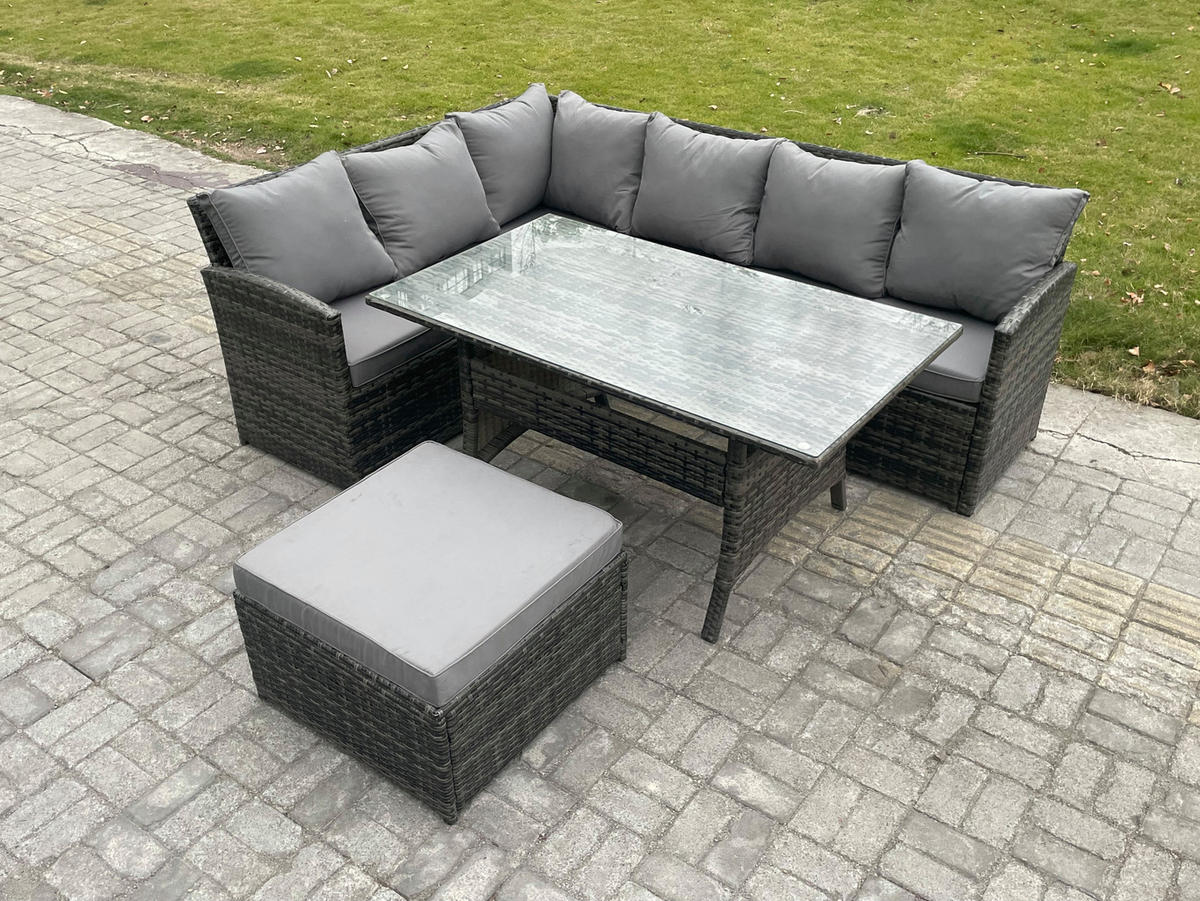 GARTENMÖBEL SET Polyrattan Dunkelgrau 7-Sitzer - Dunkelgrau/Grau, Glas/Kunststoff - Fimous