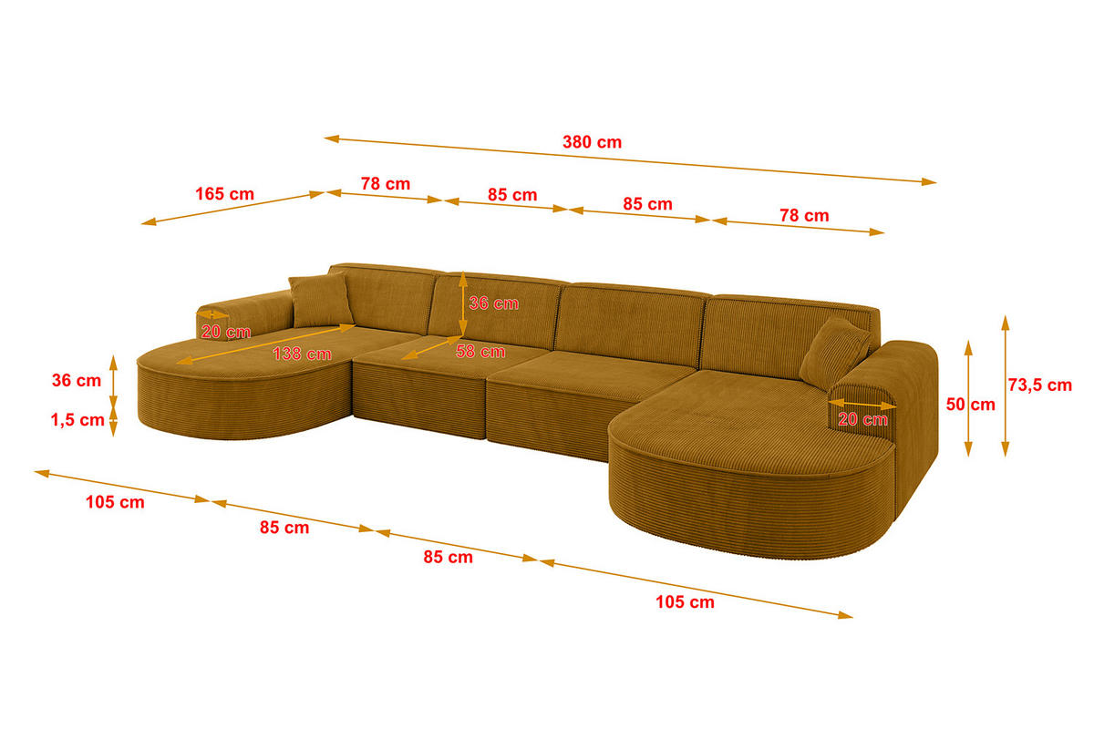 WOHNLANDSCHAFT MARI-U2 - 380x163x73,5 cm Senfgelb Cord - Gelb/Schwarz, Holzwerkstoff/Kunststoff (380/73.5/163cm) - ALTDECOR