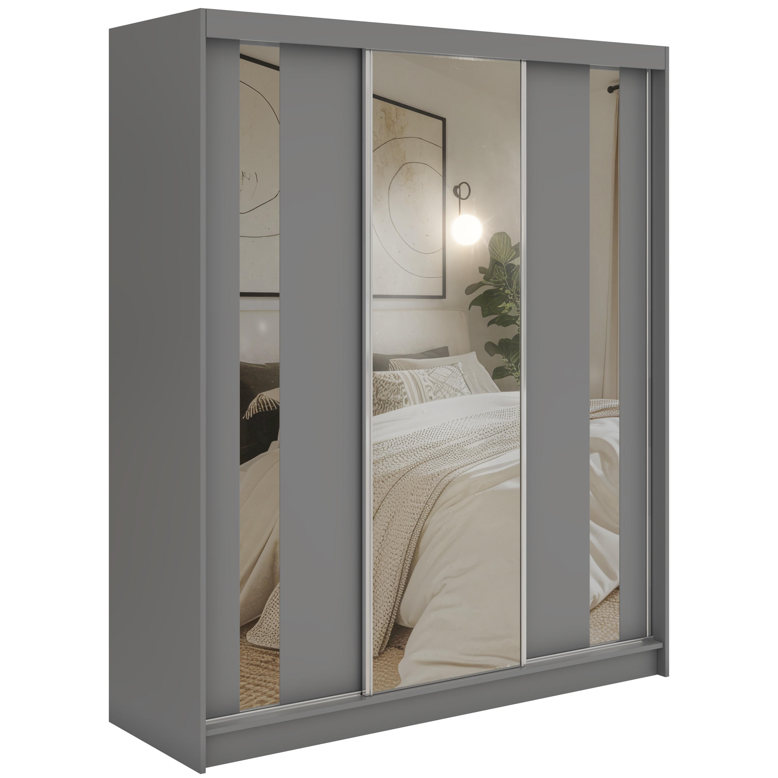 SCHWEBETÜRENSCHRANK mit Schubladen 180 - GRECJA - Grau mit Spiegel - Alufarben/Grau, Holzwerkstoff/Metall (180/216/61cm) - MKS