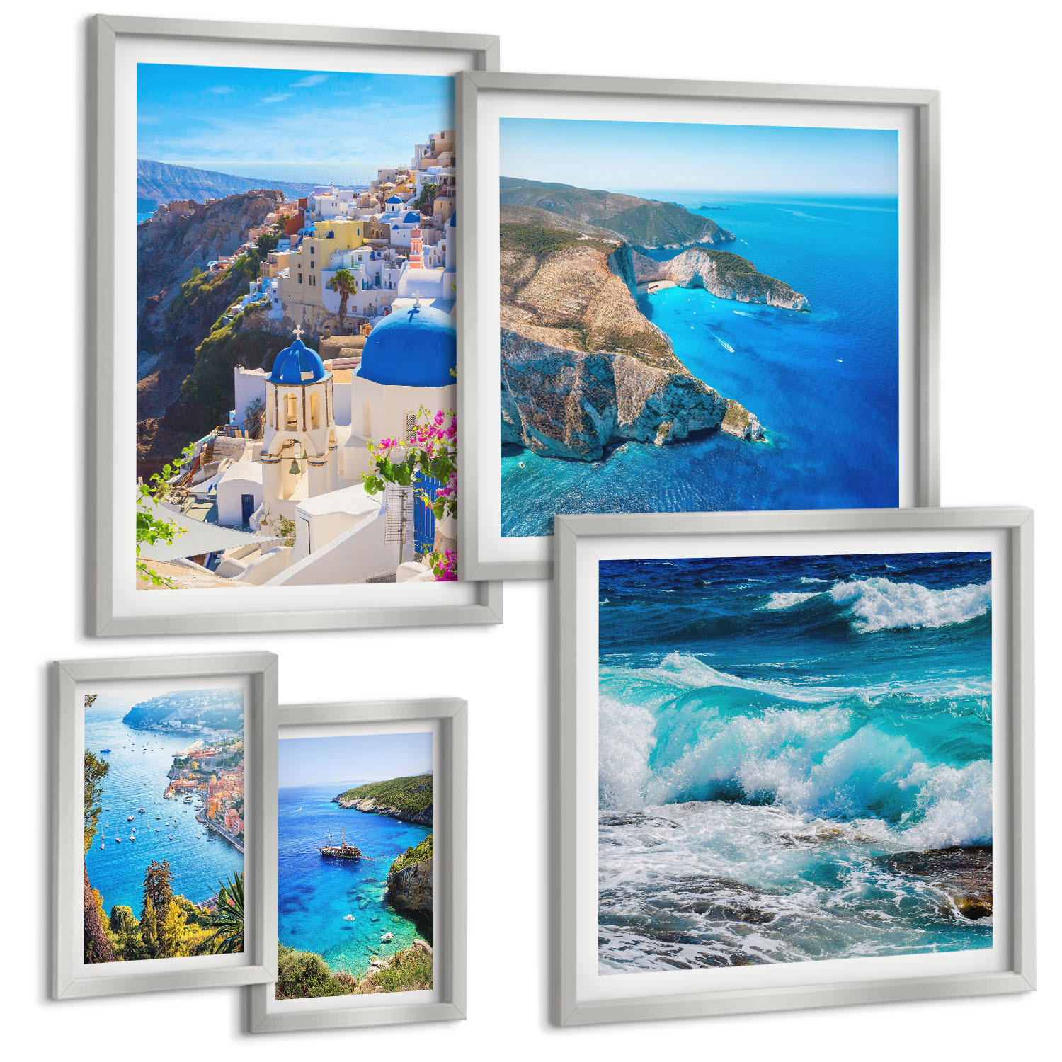 BILDER SET 5er Set - 50x50 cm & 20x30 cm & 40x60 cm Silberner Rahmen - Griechische Ansichten von Santorin Oia - Silberfarben, Kunststoff (40/60cm) - TULUP