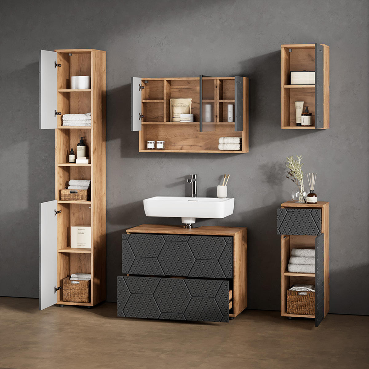 BADSCHRANK Ronco Anthrazit gestreift 30 x 59 cm 2 Fächer, Badezimmer - Eichefarben/Anthrazit, Holzwerkstoff (30/59/24cm) - Livinity®