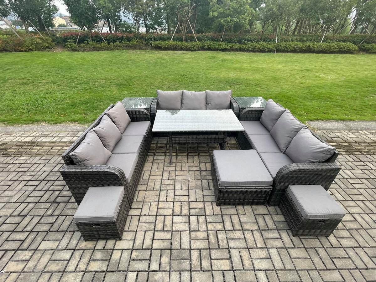 GARTENTISCHGRUPPE mit 3 Hocker Polyrattan Dunkelgrau 12-Sitzer - Dunkelgrau/Grau, Glas/Kunststoff - Fimous