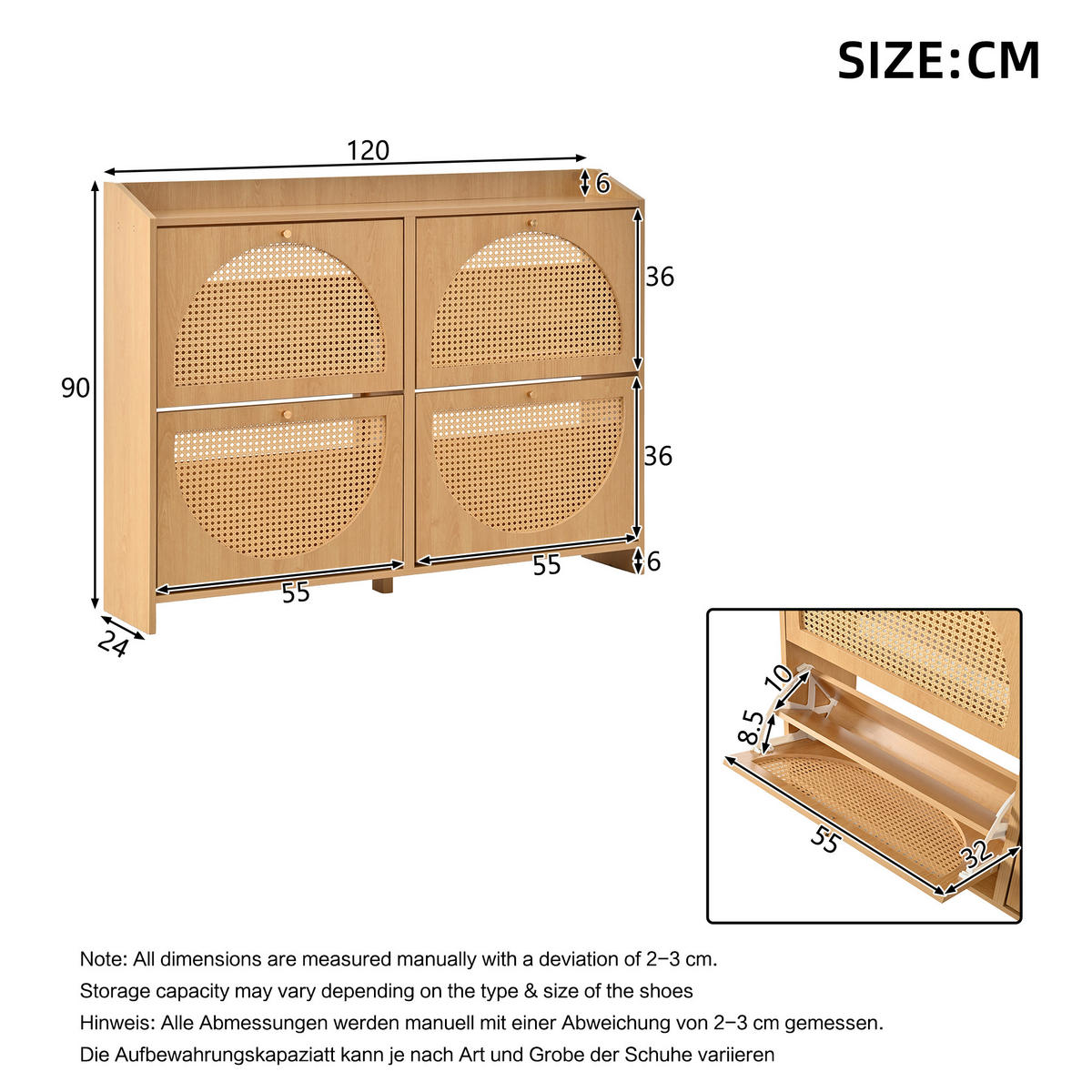 SCHUHSCHRANK in Naturfarben mit 4 Kipptüren mit 8 Fächern für Flur, B120/T24/H90 cm - Naturfarben, Holzwerkstoff (120/90/24cm) - STILVORA