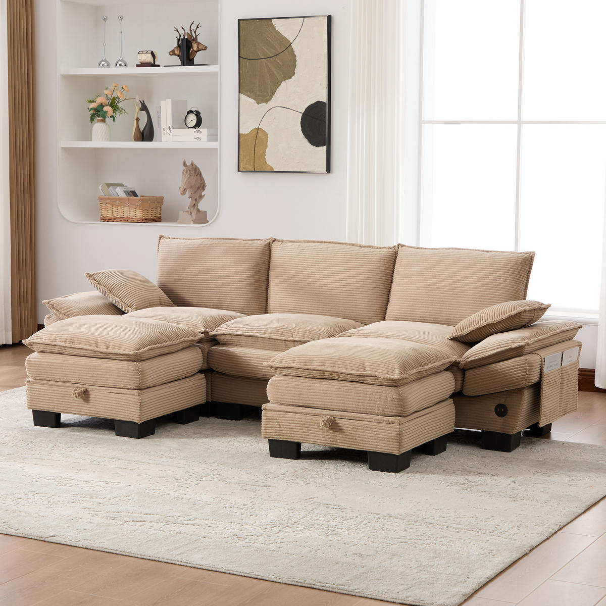3-SITZER Sofa aus Corduroy 260x132x84 cm mit 2 Hockern & USB-C, beige - Beige, Textil (132/84/260cm)