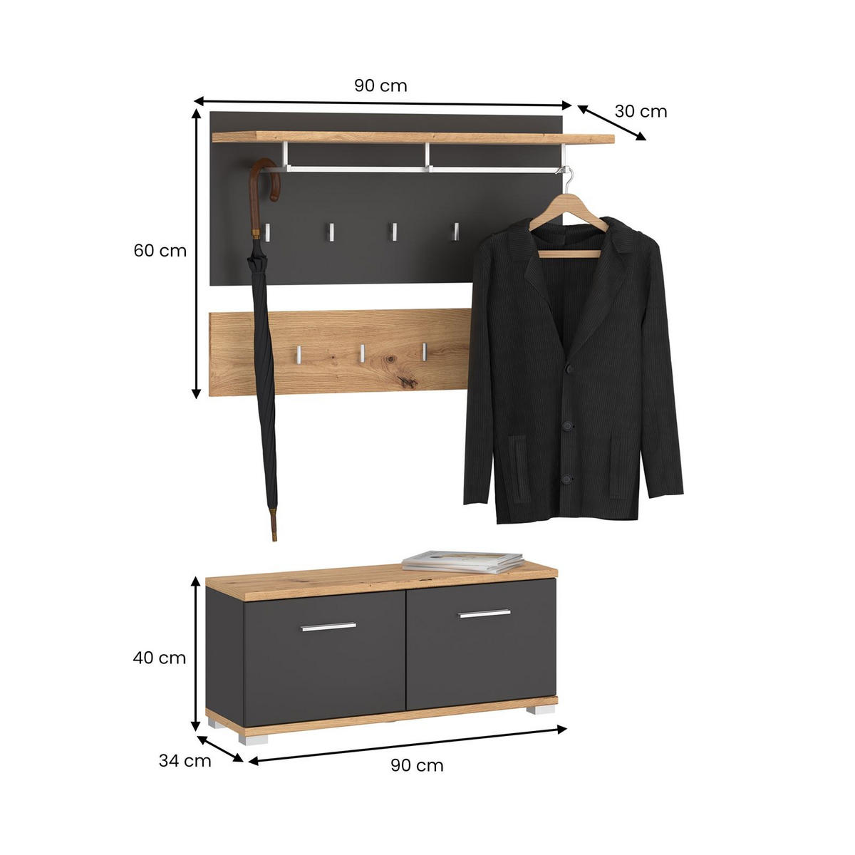 GARDEROBENSET BILBAO - Dunkelgrau, Holzwerkstoff (90/60/34cm) - IDIMEX