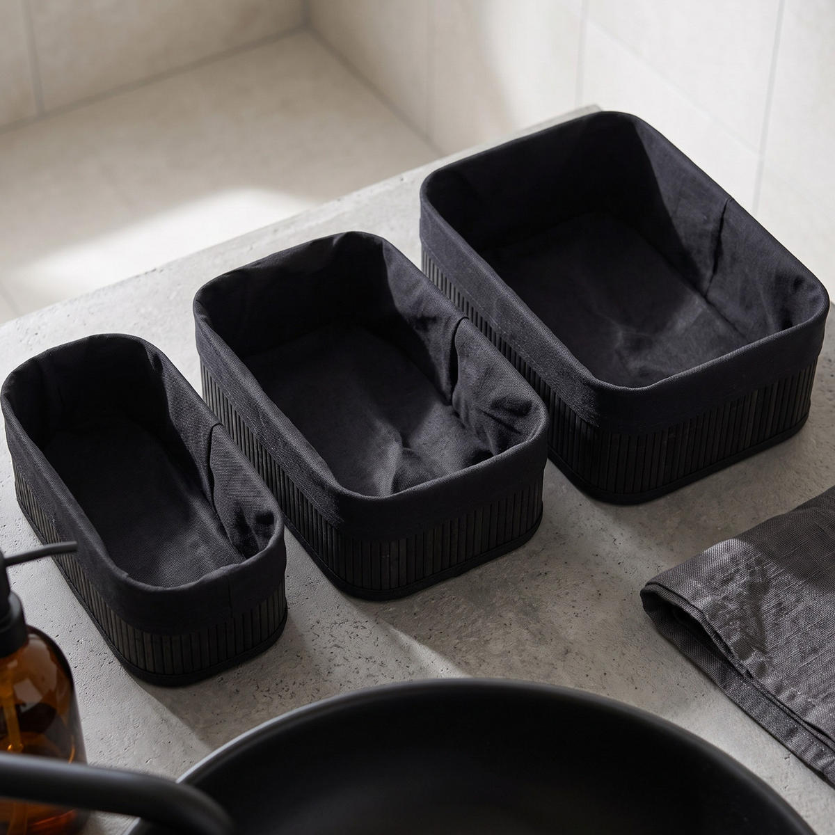 KORB 3er-Set 30/20/13 cm - Schwarz, Naturmaterialen (20/12/30cm) - BOXIMO