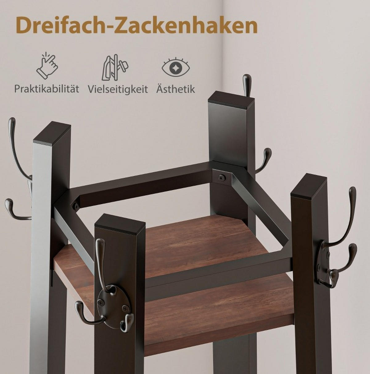 KLEIDERSTÄNDER 34,8/179/34,8 cm Braun aus Holz und Metall mit 8 Haken und 4 Ablagen - Braun, Holz (34.8/179/34.8cm) - OKMYHOME
