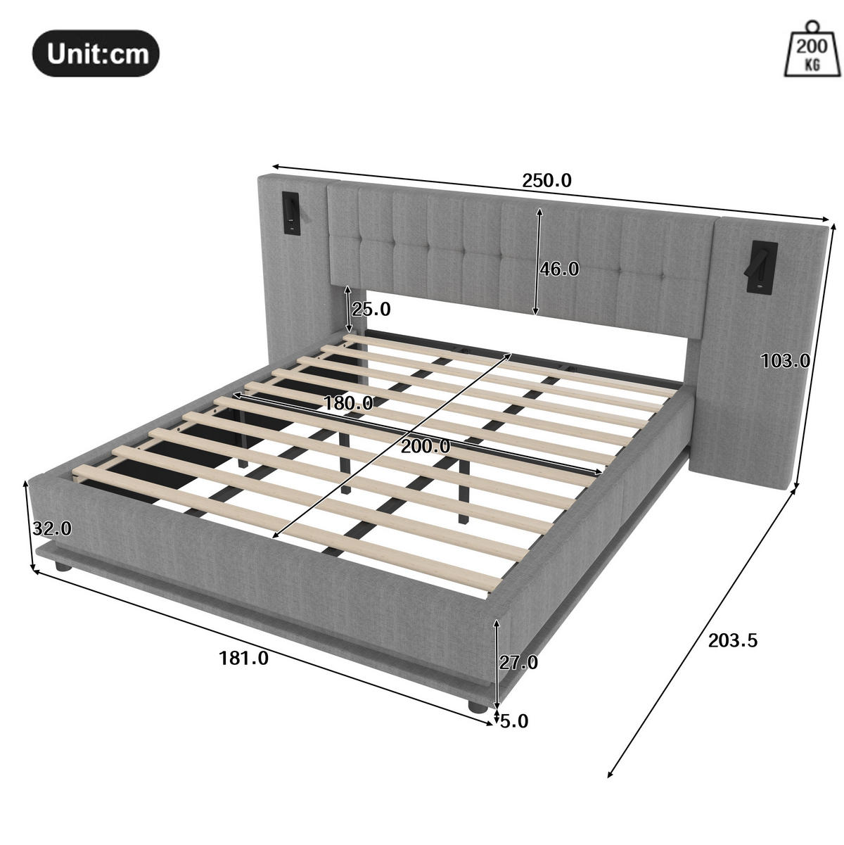 ČALÚNENÁ posteľ 180/200 cm s LED osvetlením, čelom so spotom a USB portom, bez matraca, Sivá - sivá, textil (180/200cm) - Redom