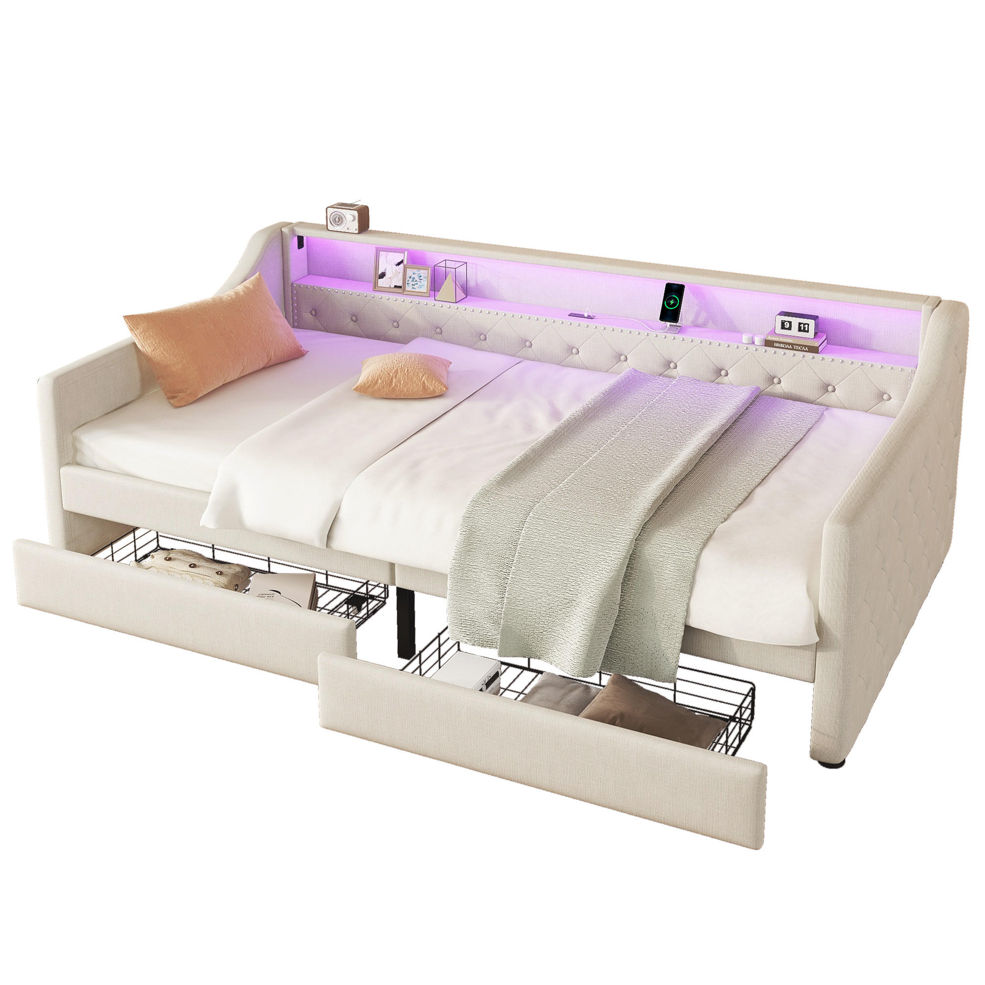 POLSTERBETT 90/200 cm Beige mit LED-Beleuchtung, USB-Anschluss und 2 Schubladen - Beige, Textil (90/200cm) - Flora Grace