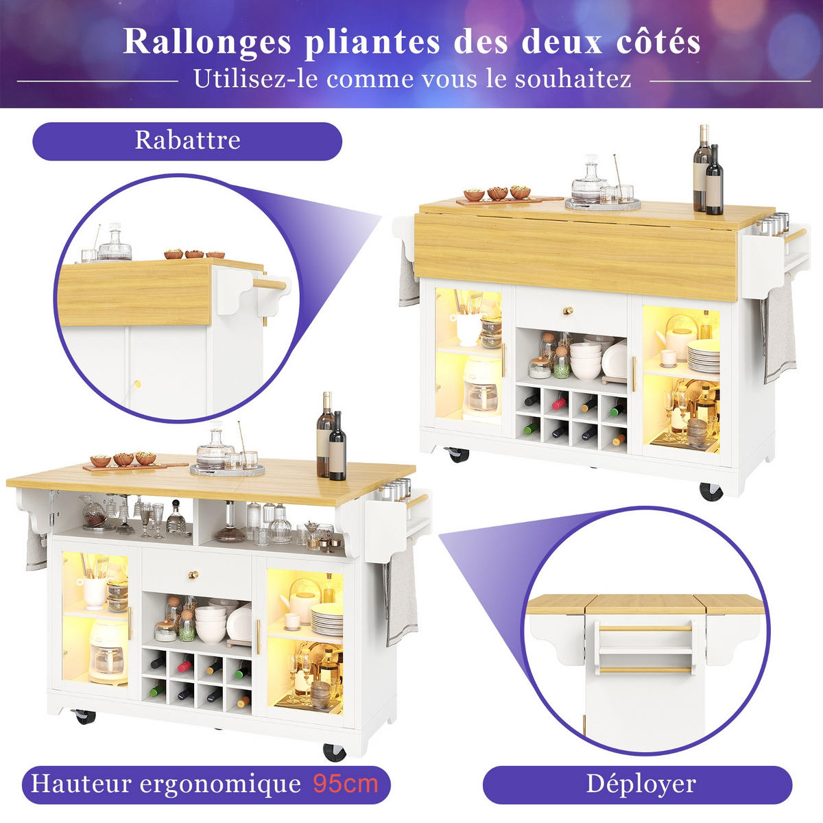 KÜCHENINSEL Mit RGB LED Beleuchtung, Auf Rollen Küche, 120/80/95 cm - Weiß, Holzwerkstoff (80/95/120cm) - Rolipo
