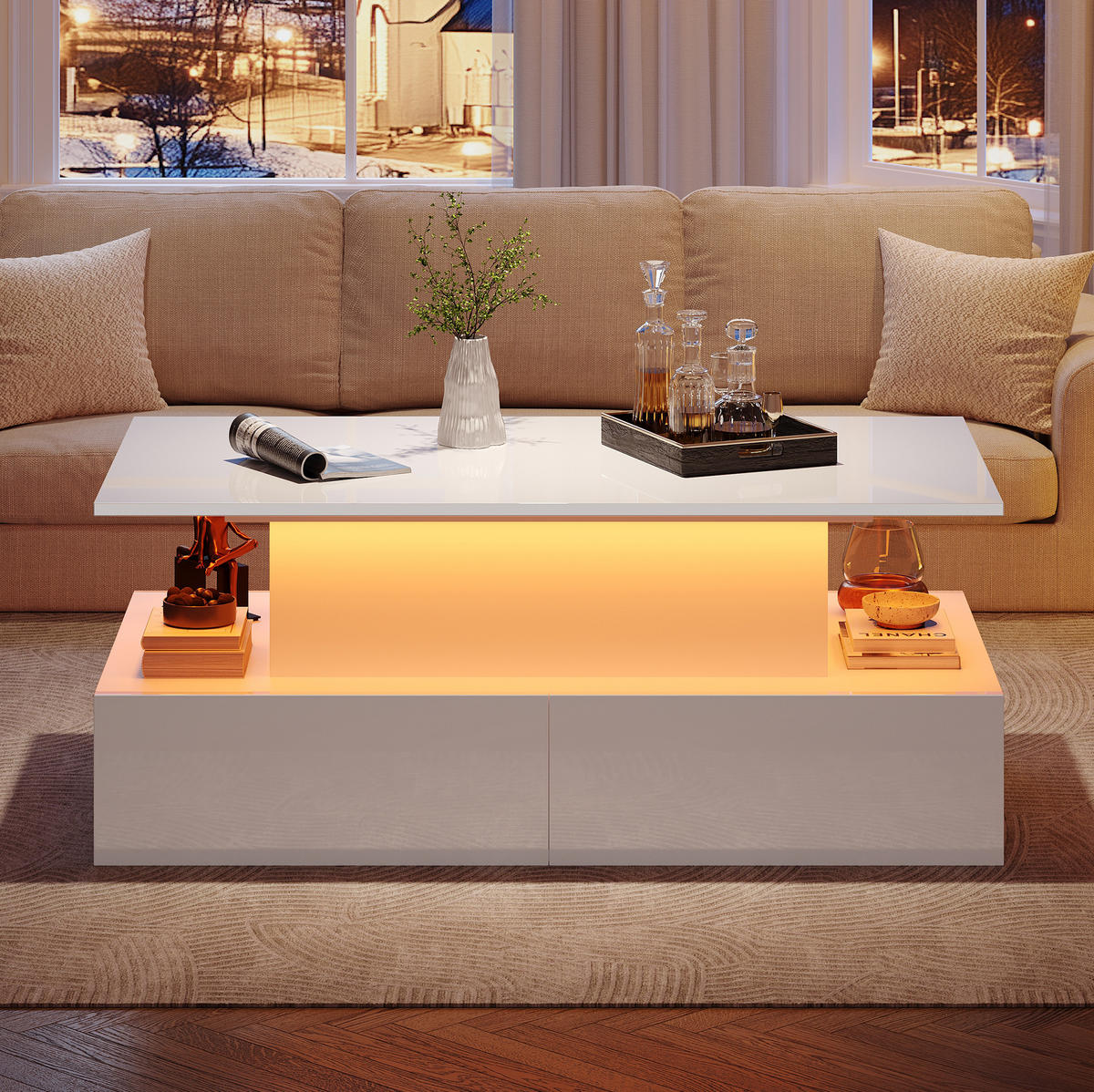 COUCHTISCH mit LED und 4 Schubladen 90x55x41 cm Hochglanz - Weiß, Holzwerkstoff (90/55/41cm) - Meubliv