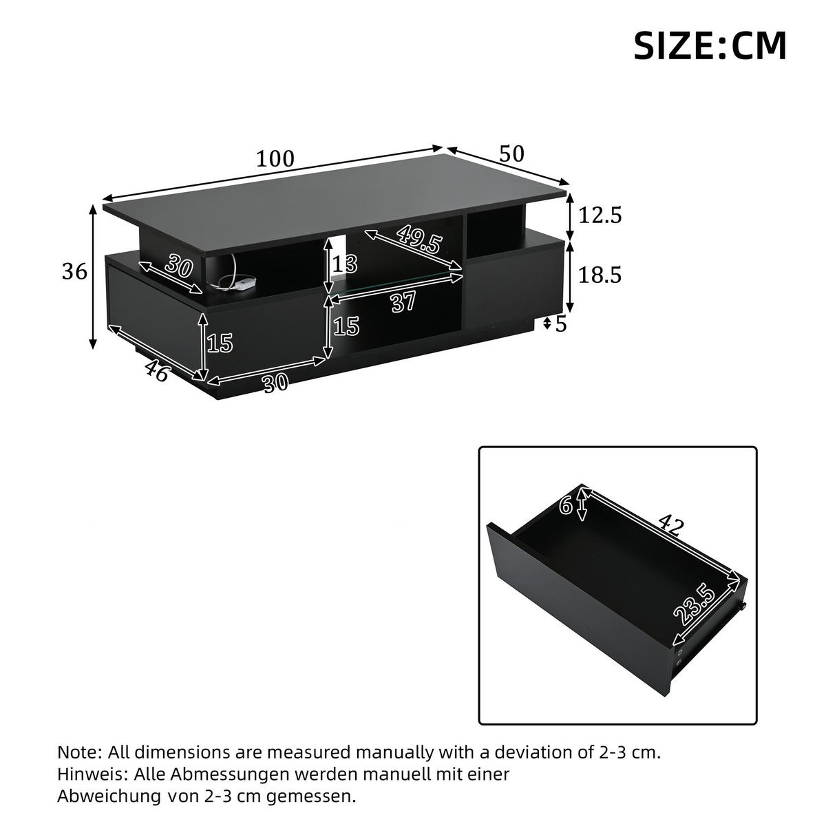 COUCHTISCH 100/50/36 cm Schwarz aus Spanplatte mit LED-Beleuchtung und 2 Schubladen - Schwarz, Holzwerkstoff (100/50/36cm) - OKWISH