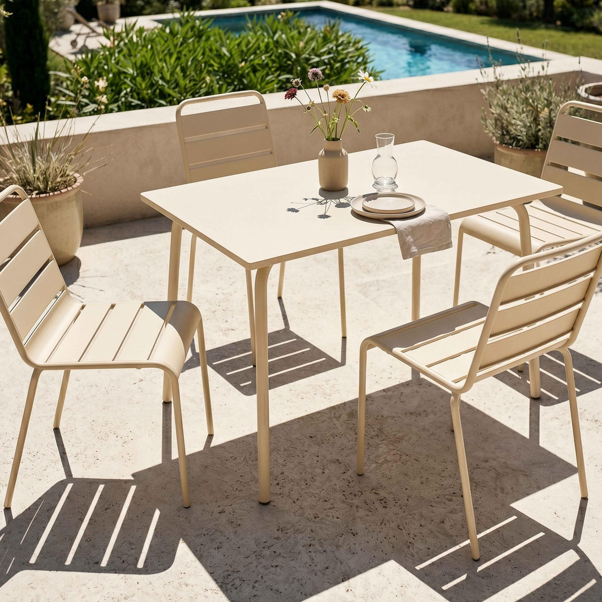 GARTENSET 5-tlg., Elfenbeinfarbe - Beige, Metall - Oviala