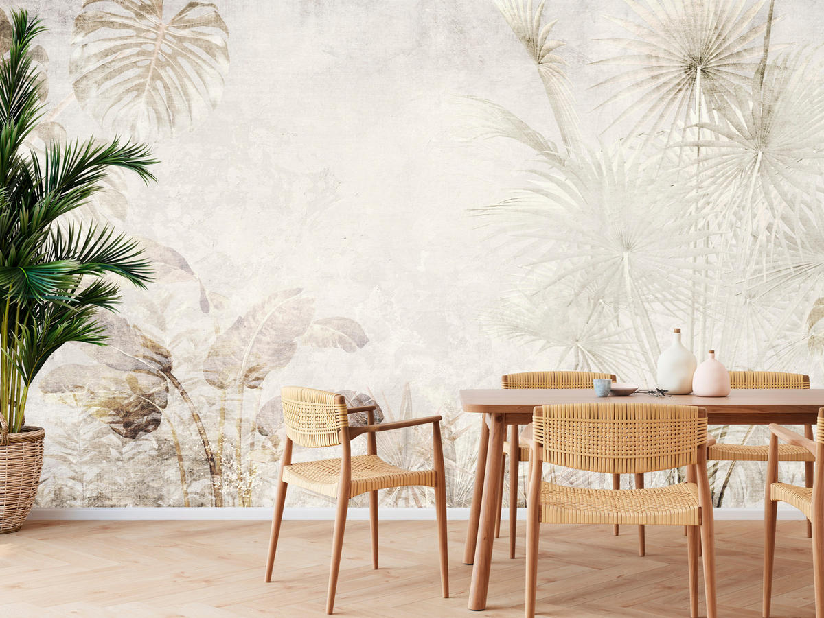 FOTOTAPETE für Wohnzimmer Tropisch Vintage Palmenblätter Beton 500x350 - Beige/Creme, Papier (500/350cm) - Muralo