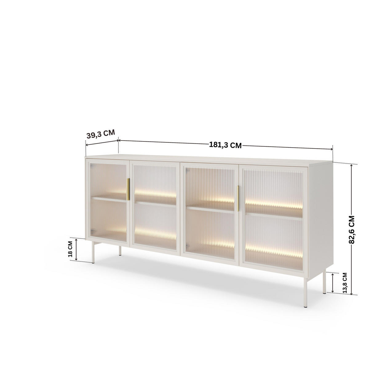SIDEBOARD LUMI 181 cm Kaschmir - mit 4 Glastüren (Riffelglas) und LED - Kaschmir/Goldfarben, Holz/Holzwerkstoff (181/83/39cm) - Ravio