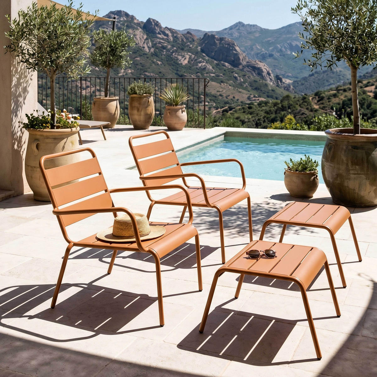 RELAXSESSEL MIT HOCKER 2-tlg., Karamell - Braun, Metall (64/72/60cm) - Oviala