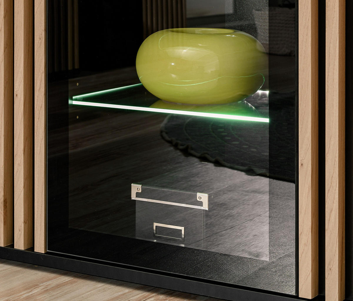 TV-LOWBOARD schwarz, Eiche Jackson 163 cm, TV Unterteil mit 3D-Lamellen inklusive Beleuchtung - Eichefarben/Schwarz, Glas/Holzwerkstoff (160/42/45cm) - Furn.Design