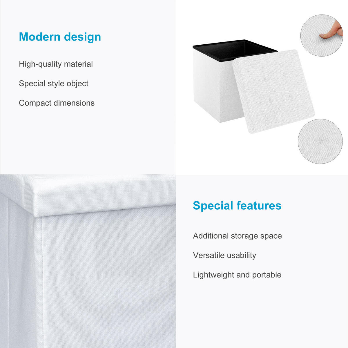 SITZHOCKER Faltbar mit Stauraum 38/38/38 cm (Weiß) - Weiß, Textil (38/38/38cm) - Intirilife