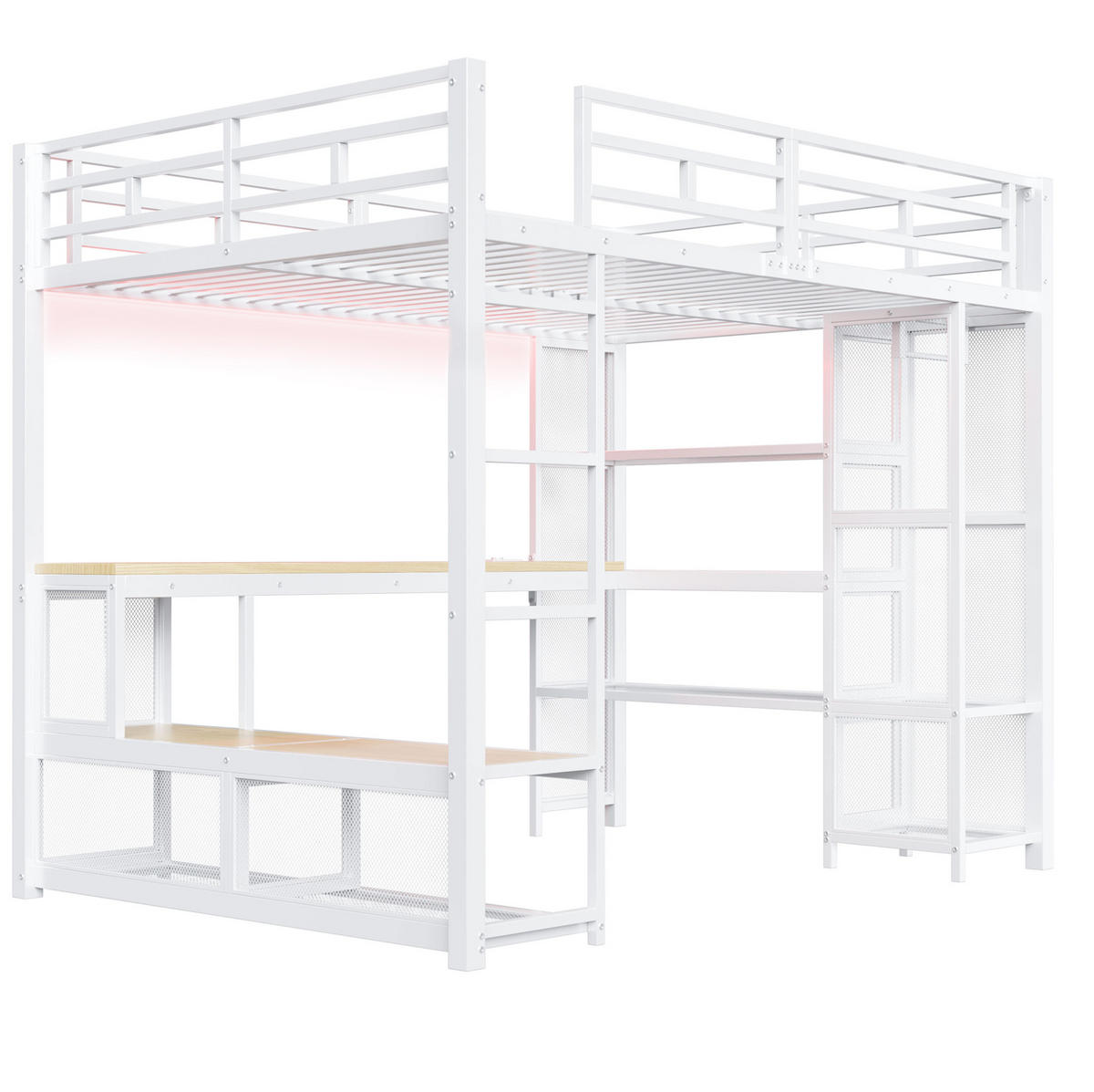 HOCHBETT 140/200 cm aus Metall und MDF mit Schreibtisch, offenem Kleiderschrank, USB und LED-Beleuchtung, Weiß - Weiß, Holzwerkstoff (140/200cm) - Redom