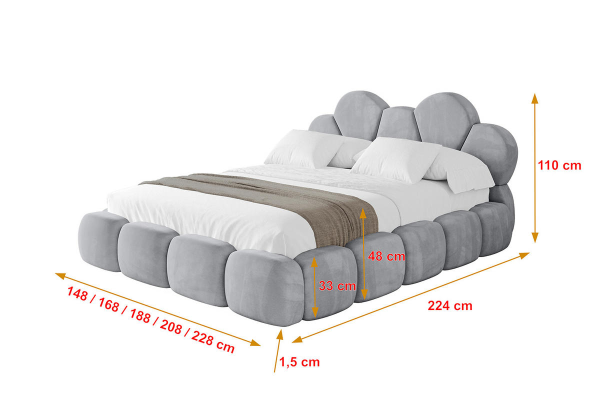 POLSTERBETT mit Bettkasten und Lattenrost, Boxbett ohne Matratze - LANA 200x200 Hellgrau - Hellgrau, Holzwerkstoff/Textil (200/200cm) - ALTDECOR