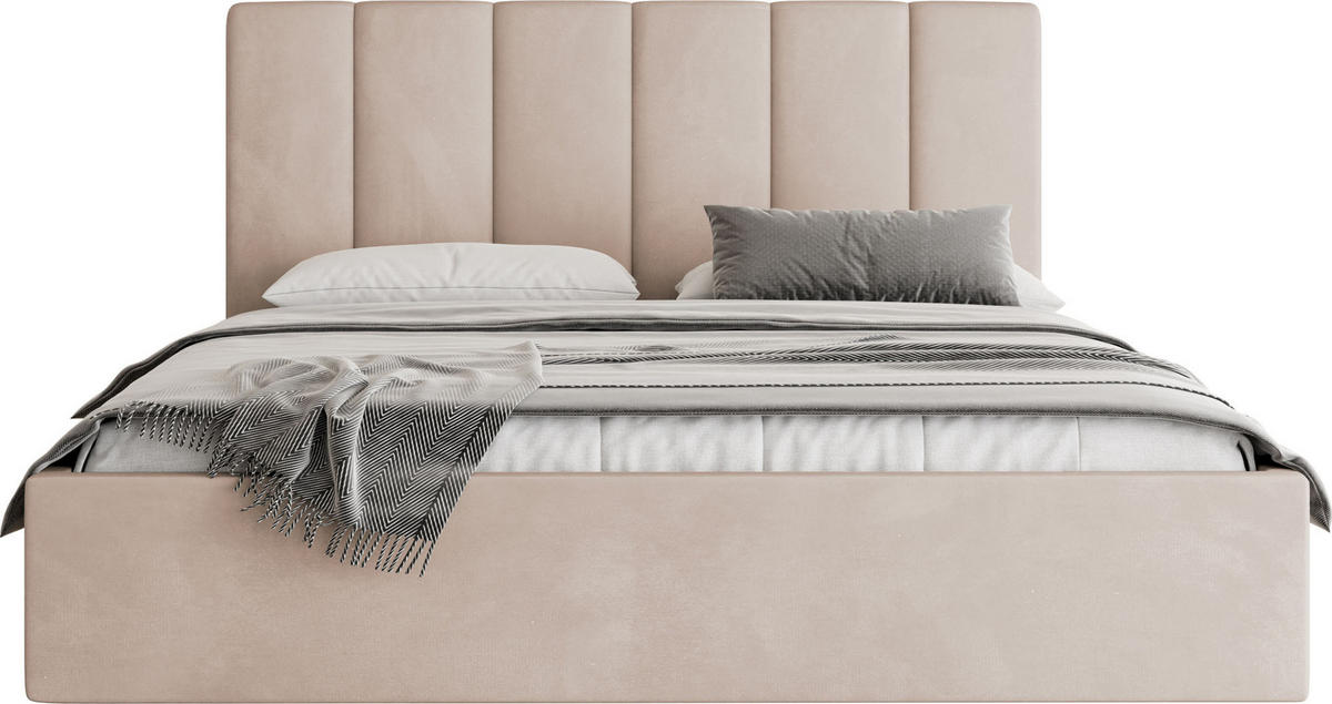POLSTERBETT Amira Slim mit Bettkasten, Beige Samt 140x200 cm - Ecru/Beige, Holz/Holzwerkstoff (140/200cm) - WFL GROUP