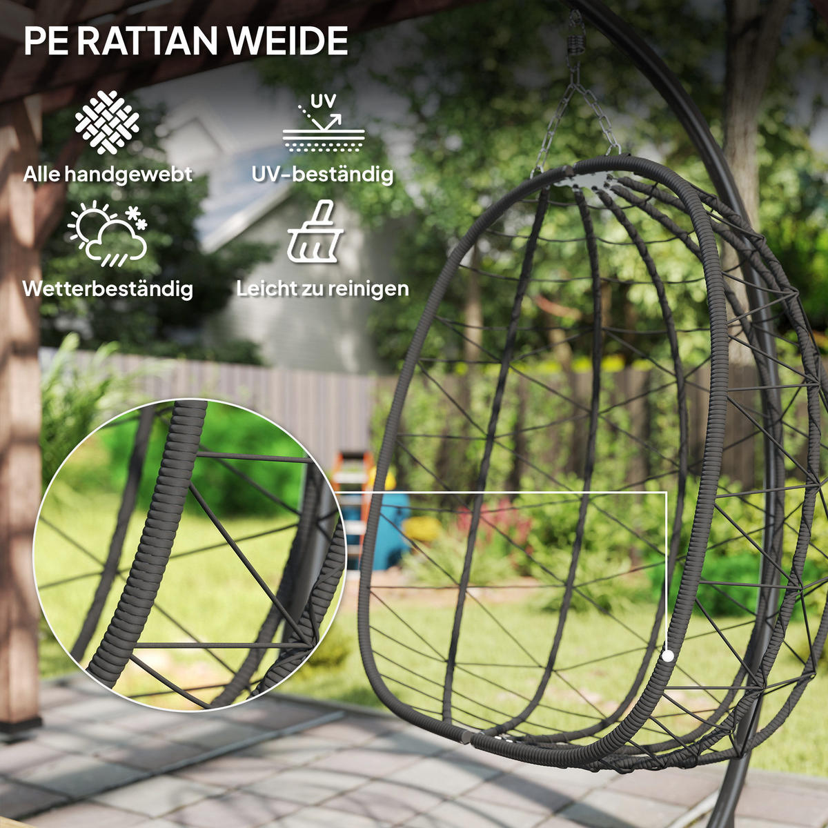 HÄNGESTUHL 195 cm Höhe, wasserdichte Abdeckung, bis zu 150 kg, Dunkelgrau - Schwarz, Kunststoff (102/195/102cm) - Outsunny