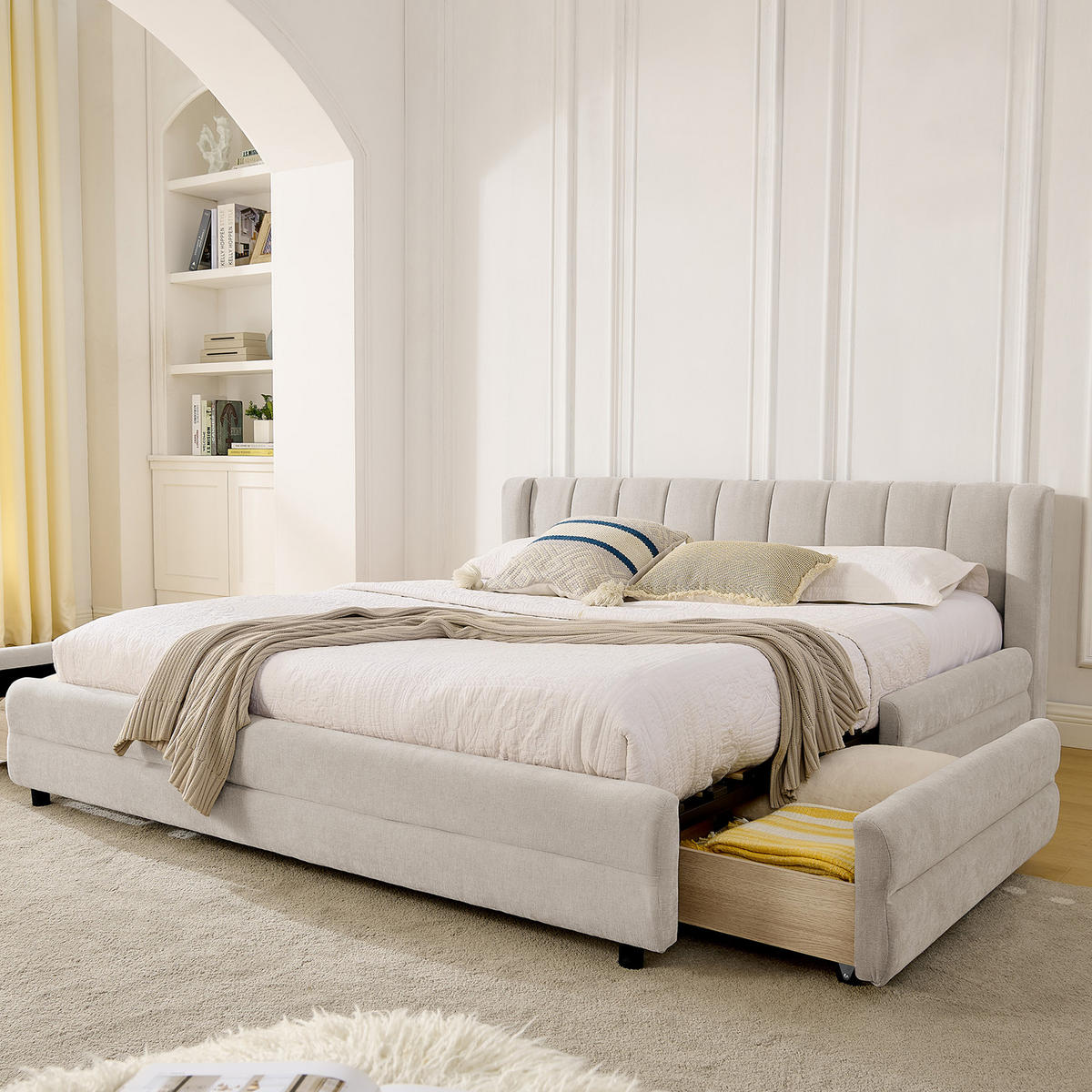 POLSTERBETT 160/200 cm in Beige Stoff mit 4 Schubladen, USB und Type-C - Beige, Holzwerkstoff/Textil (160/200cm) - WISHDOR
