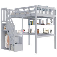 HOCHBETT Holz 140x200 cm Grau mit Schreibtisch, Aufbewahrungstreppe, LED und Steckdosen - Grau, Holz (140/200cm) - Modfu
