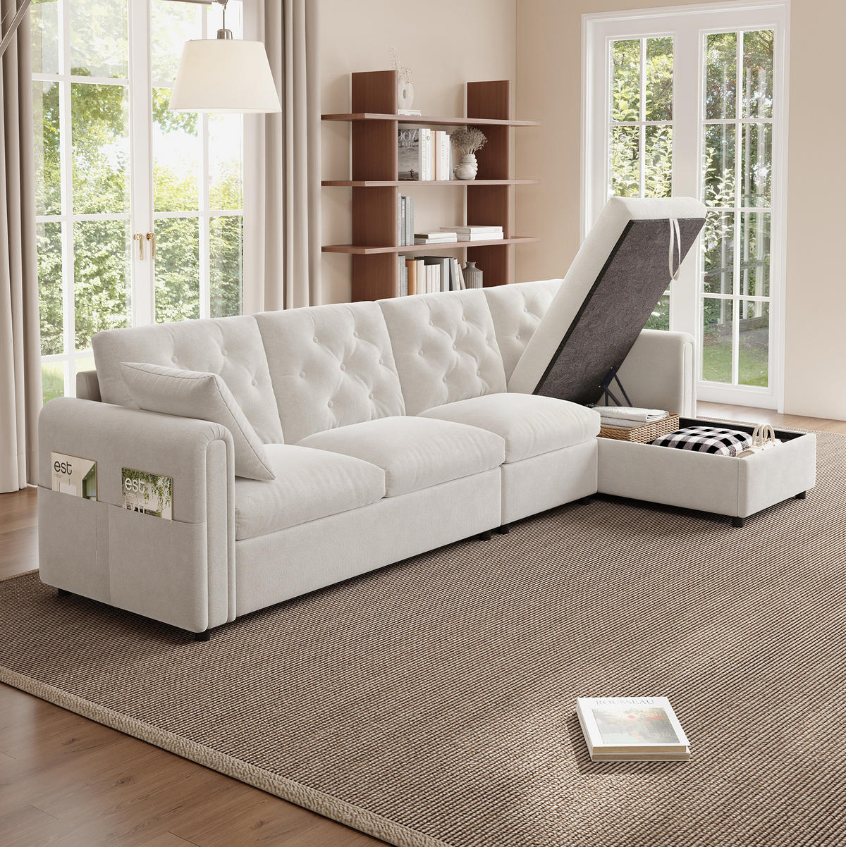 ECKSOFA 281/132/86 cm aus Samt mit Schlaffunktion und Stauraum Beige - Beige, Textil (132/281cm) - Modenvie