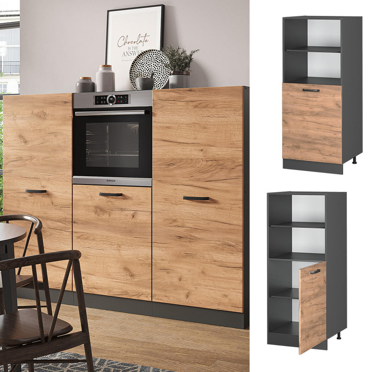 HERDUMBAUSCHRANK R-Line Goldkraft Eiche 60 cm - Honigeiche/Anthrazit, Holzwerkstoff (60/143/57cm) - Vicco