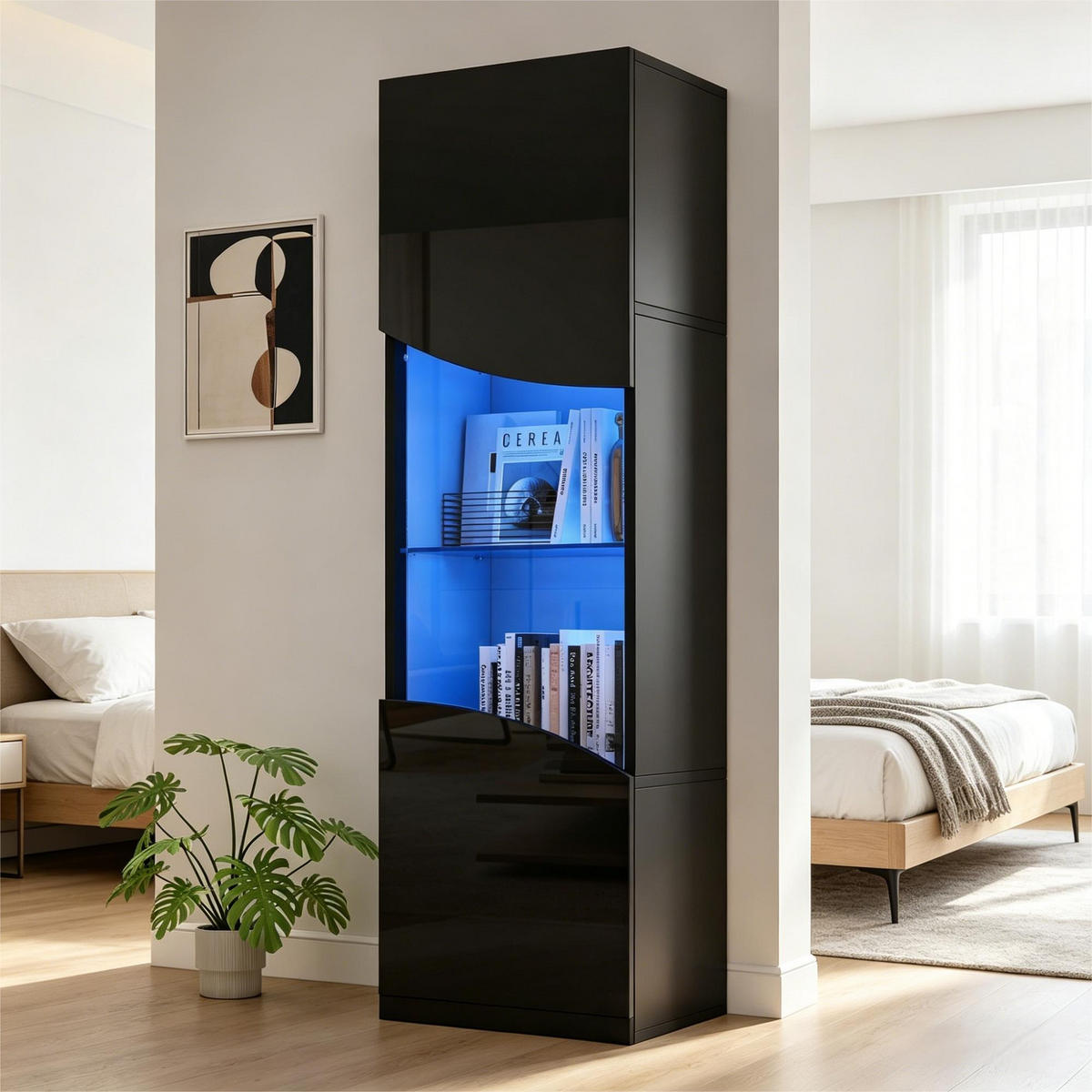 VITRINE LED Hochglanz Vitrinenschrank Wellenoptik 165cm Schwarz - Schwarz, Holzwerkstoff (35/165/50cm) - FLIEKS