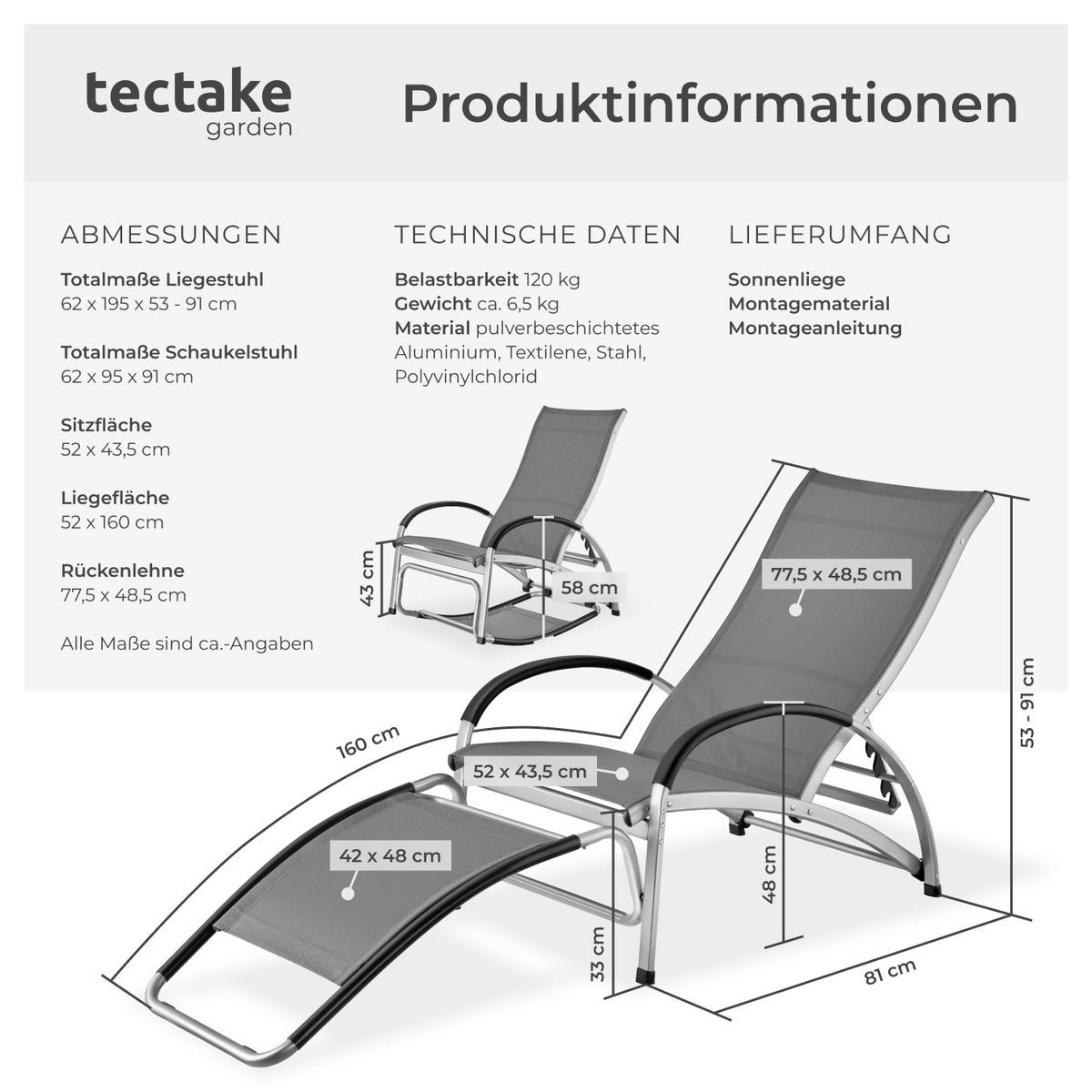 SONNENLIEGE Avignon,4-fach verstellbare Rückenlehne,anthrazit - Anthrazit, Metall (62/91/195cm) - tectake