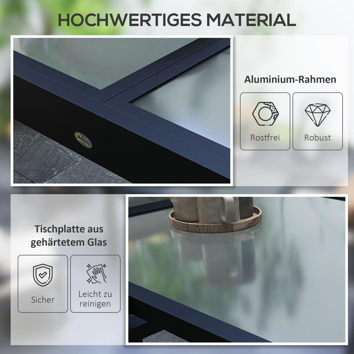 GARTENTISCH DE-07253 wetterbeständig mit Glasplatte Schwarz - Transparent, Glas/Metall (160/80/75cm) - ComfortXL