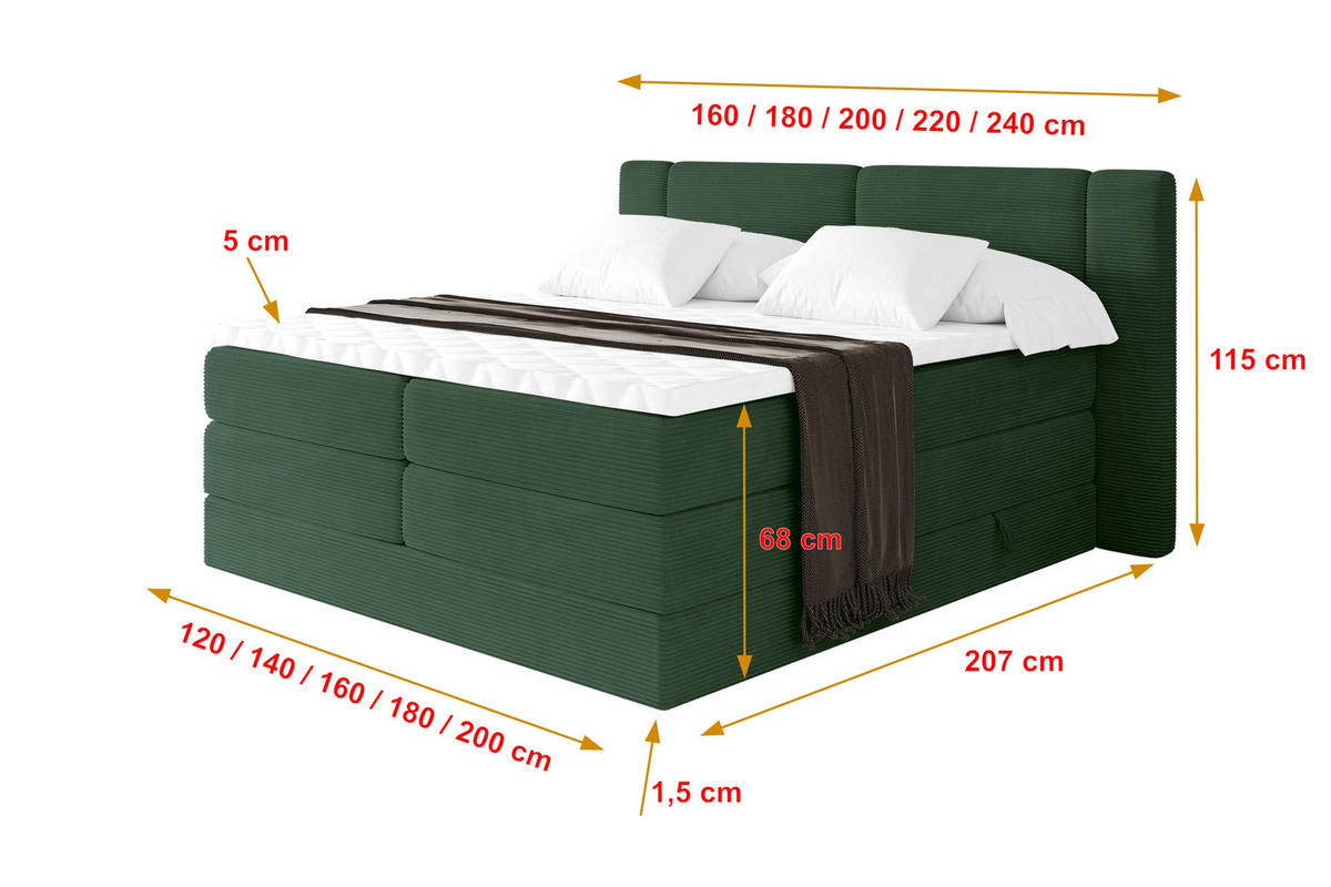 BOXSPRINGBETT mit Matratze H3/H4 - EVON KING - 140x200 cm Grün - Grün, Holzwerkstoff (140/200cm) - ALTDECOR
