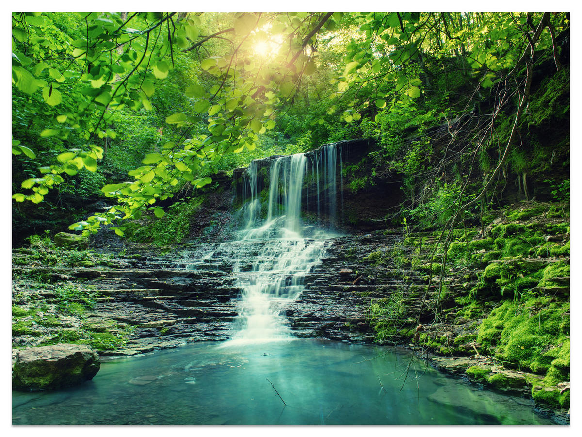 FOTOTAPETE für Schlafzimmer Türkisfarbener Wasserfall Wald Bäume Blätter Felsen 250x175 - Türkis/Blau, Papier (250/175cm) - Muralo