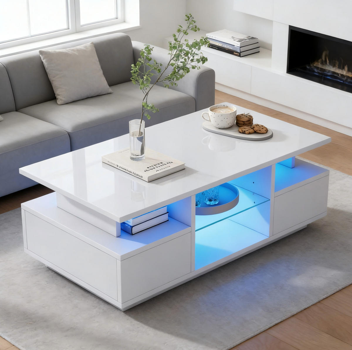 COUCHTISCH aus Spanplatte 100x50x36 cm in Weiß mit LED & 2 Schubladen - Weiß, Holzwerkstoff (100/50/36cm) - Modfu