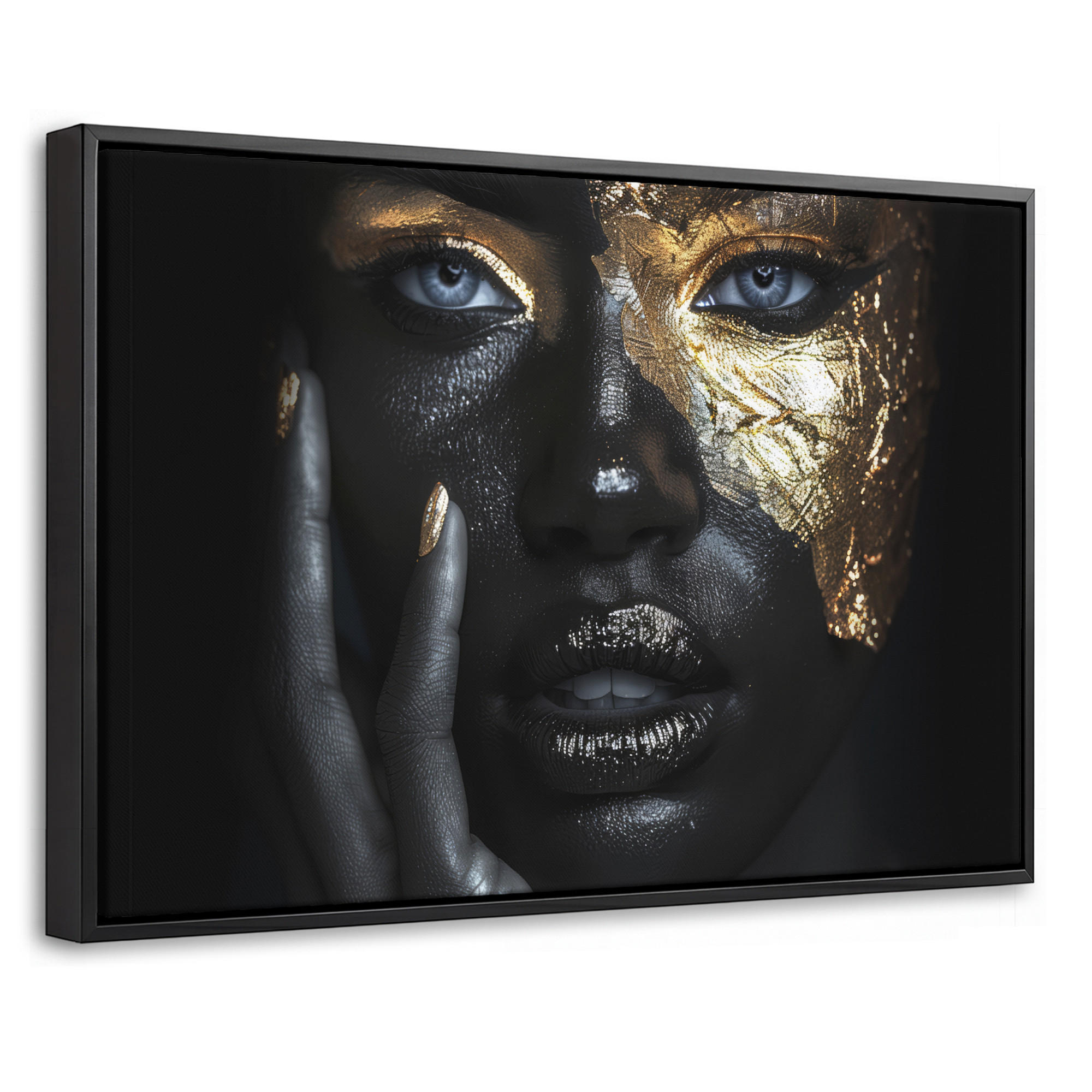 LEINWAND Bilder mit Rahmen - Frau - Gold - Porträt - Schwarz-Weiß - Luxus - 30x20 - Hellblau, Textil (30/20cm) - MuchoWow