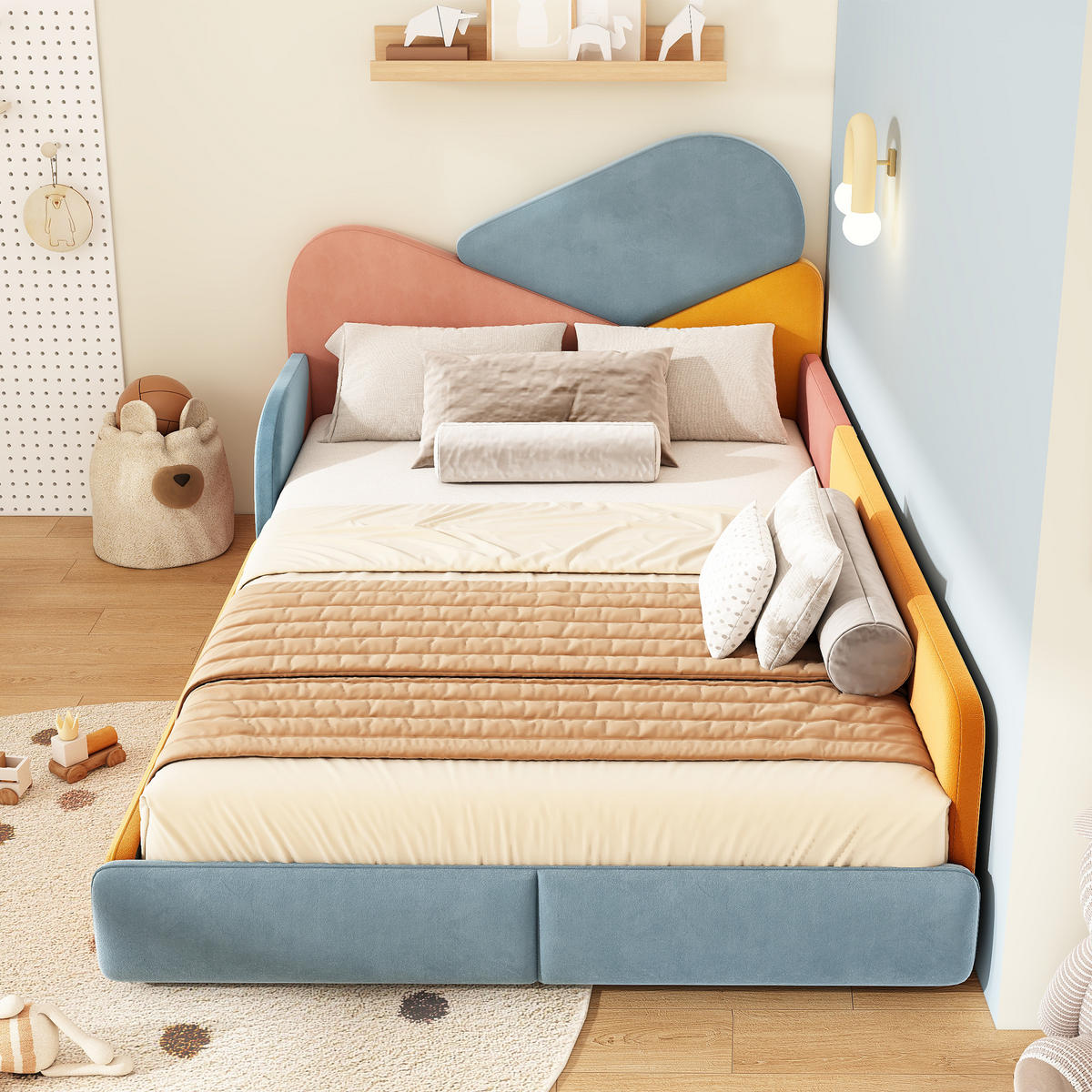 POLSTERBETT 140/200 cm in Mehrfarbig mit erhöhtem Seitenschutz, gepolstertem Kopf- und Fußteil und Patchwork-Design - Blau/Rosa, Holzwerkstoff/Textil (140/200cm) - STILVORA