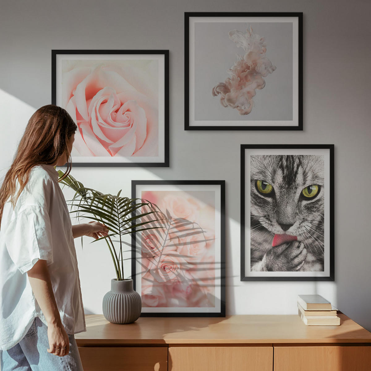 BILDER SET 4er Set - 50x50 cm & 40x60 cm Schwarzer Rahmen - Abstrakte Darstellung von grauen Katzenrosen - Schwarz, Kunststoff (50/50cm) - TULUP