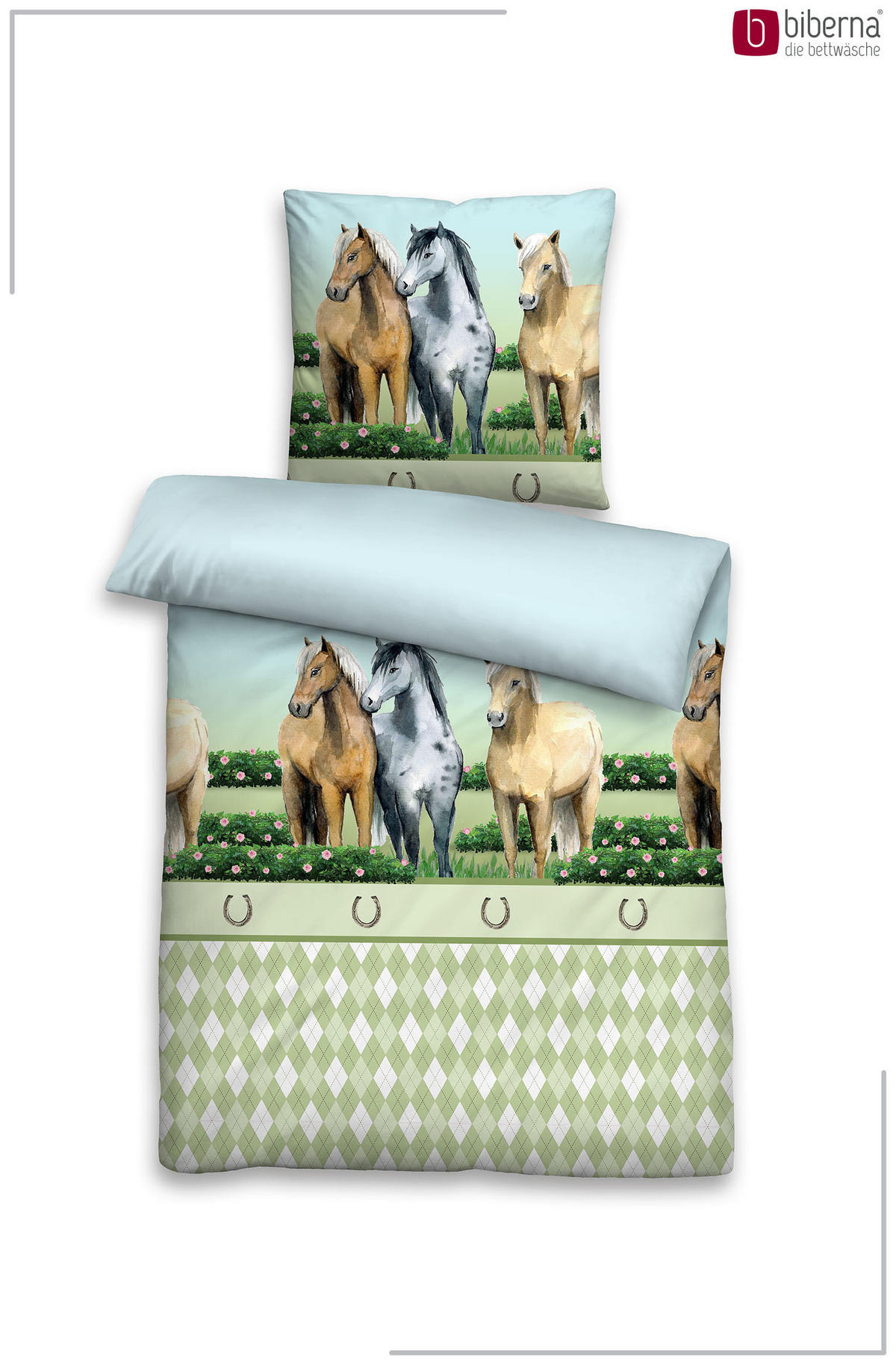 BETTWÄSCHE-GARNITUR Premium Linon Pferde pistaziengrün, 135x200 cm + 80x80 cm - Hellgrün, Textil (135/200cm) - biberna