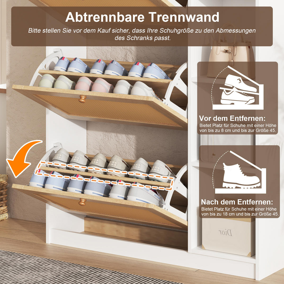 SCHUHSCHRANK 90x24x130cm Rattan mit 3 Klappen, 2 Schubl. - Weiß/Naturfarben, Holzwerkstoff (90/130/24cm) - FLIEKS