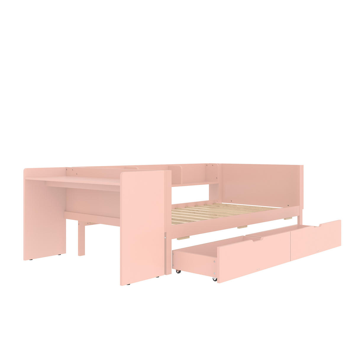 KINDERBETT 90/200 cm mit Schreibtisch, 3 Regalen, 2 Schubladen und Absturzsicherung aus Kiefer/Spanplatte, Rosa/Weiß - Rosa, Holzwerkstoff (90/200cm) - Redom